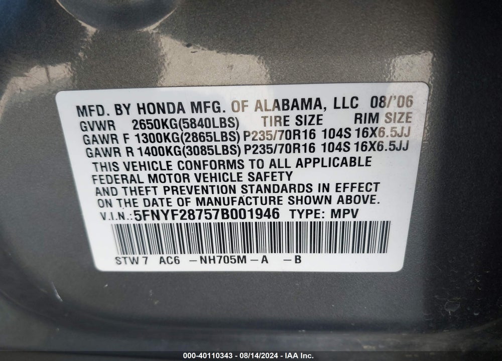 2007 HONDA PILOT EX-L VIN: 5FNYF28757B001946