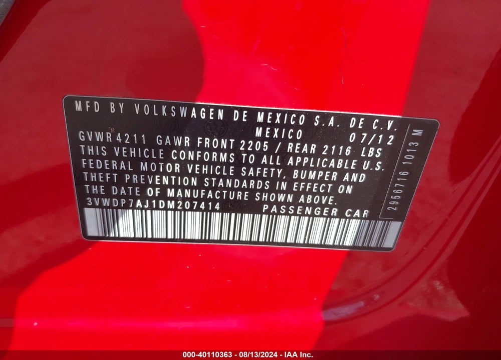 2013 VOLKSWAGEN JETTA 2.5L SE VIN: 3VWDP7AJ1DM207414