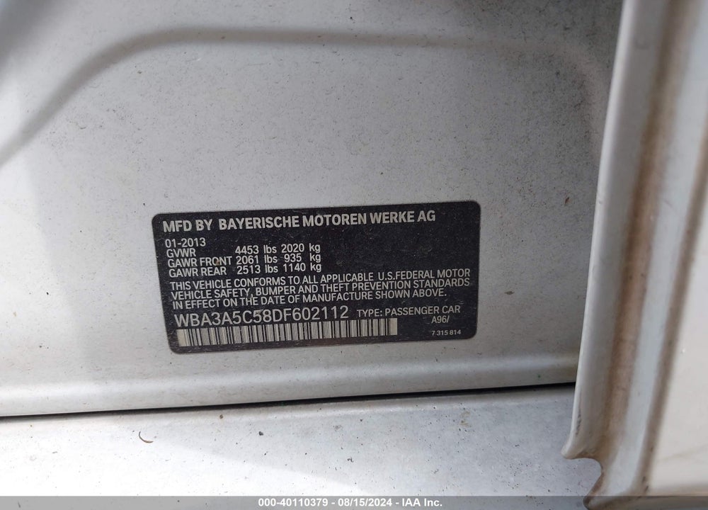 2013 BMW 328I VIN: WBA3A5C58DF602112