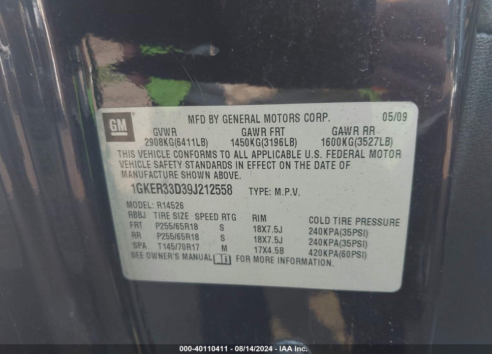 2009 GMC ACADIA SLT-2 VIN: 1GKER33D39J212558