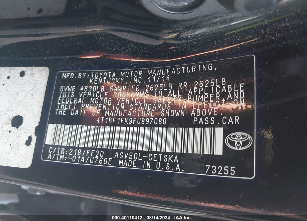2015 TOYOTA CAMRY SE VIN: 4T1BF1FK9FU897080