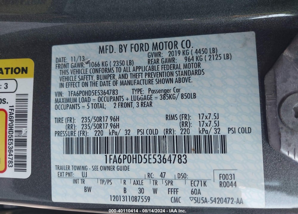 2014 FORD FUSION SE VIN: 1FA6P0HD5E5364783