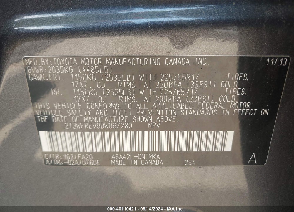 2013 TOYOTA RAV4 XLE VIN: 2T3WFREV9DW067280