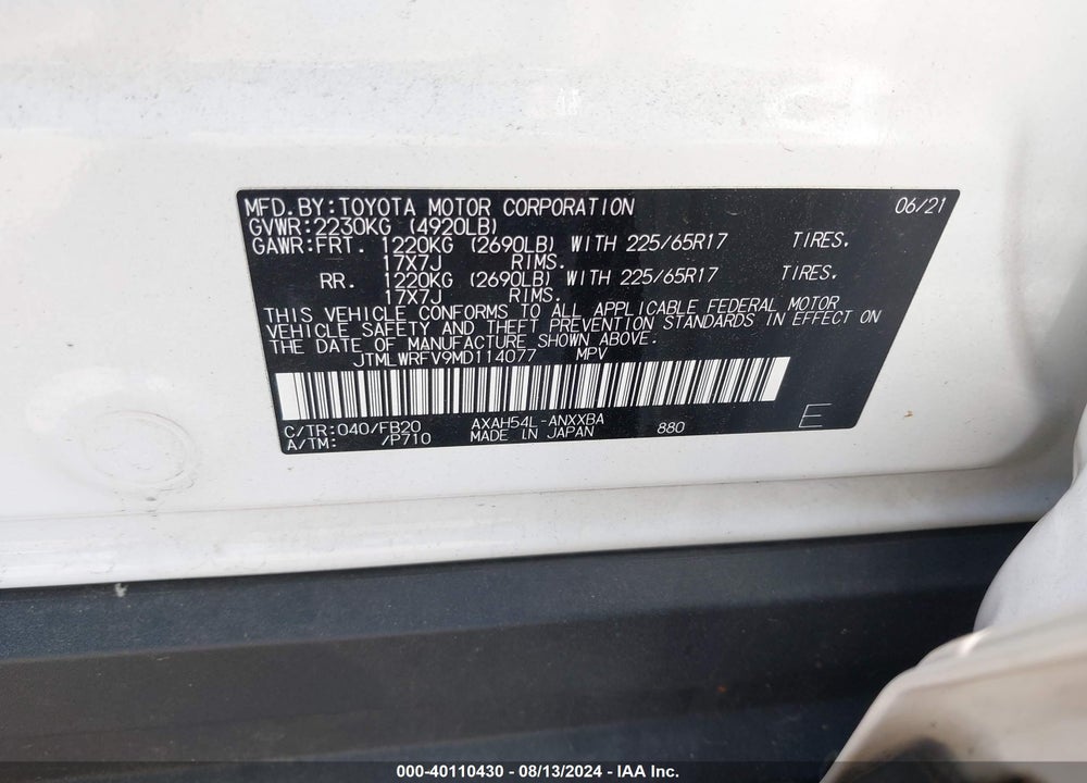 2021 TOYOTA RAV4 HYBRID LE VIN: JTMLWRFV9MD114077