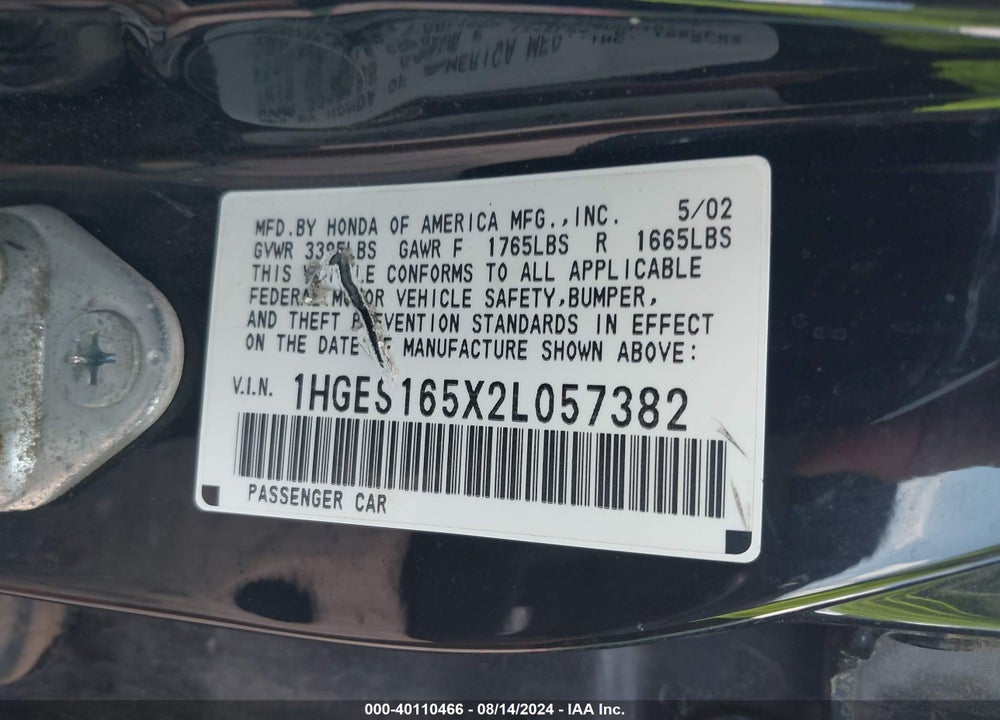 2002 HONDA CIVIC LX VIN: 1HGES165X2L057382