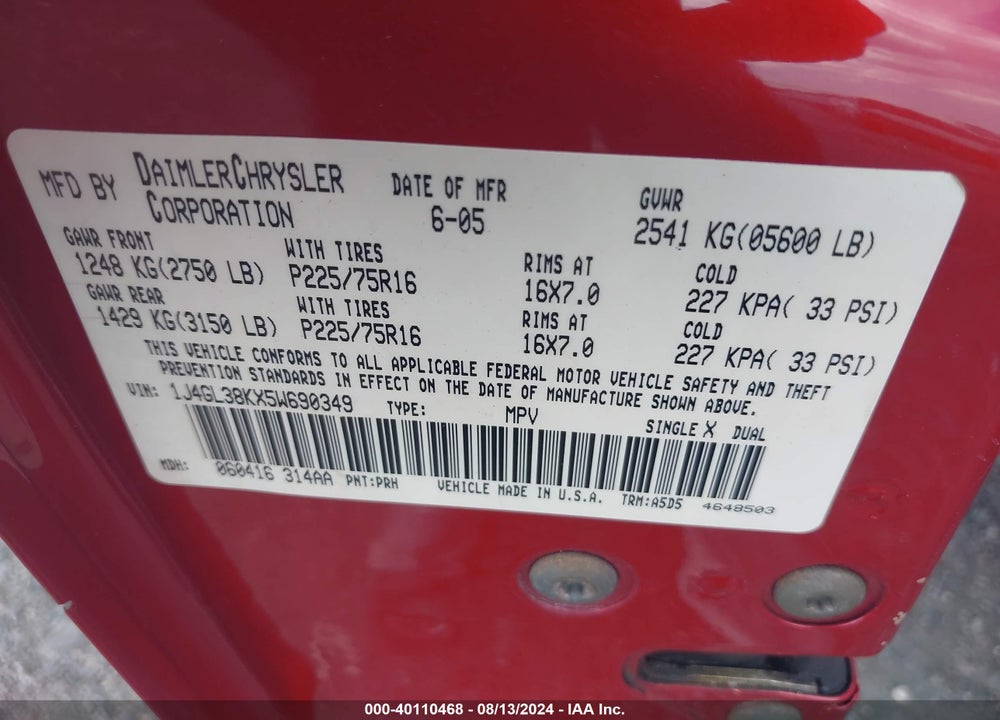2005 JEEP LIBERTY RENEGADE VIN: 1J4GL38KX5W690349