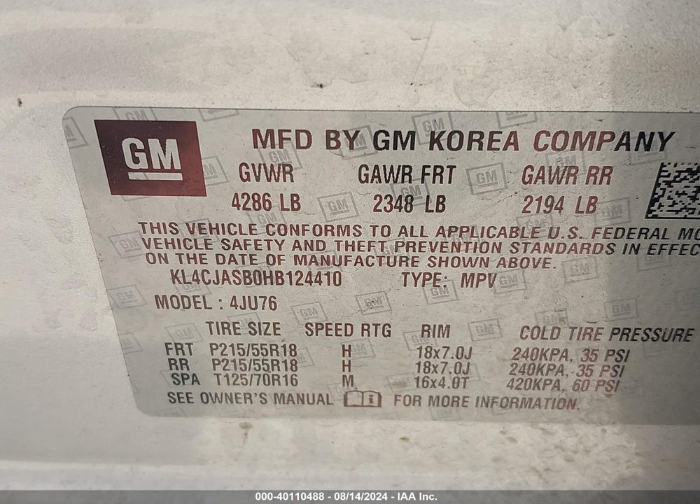 2017 BUICK ENCORE PREFERRED VIN: KL4CJASB0HB124410