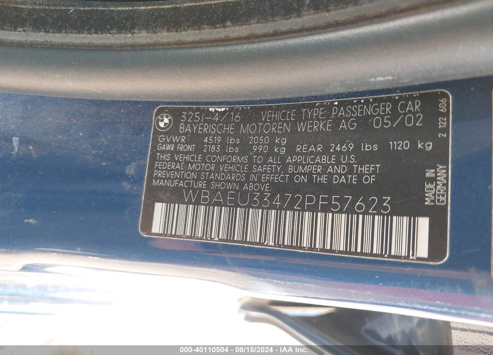 2002 BMW 325XI VIN: WBAEU33472PF57623