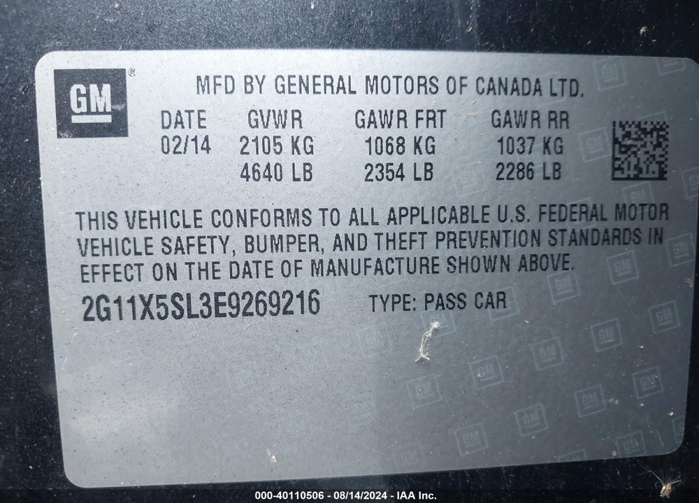 2014 CHEVROLET IMPALA VIN: 2G11X5SL3E9269216