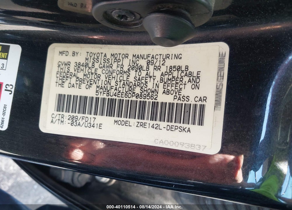 2013 TOYOTA COROLLA S VIN: 5YFBU4EE6DP089562