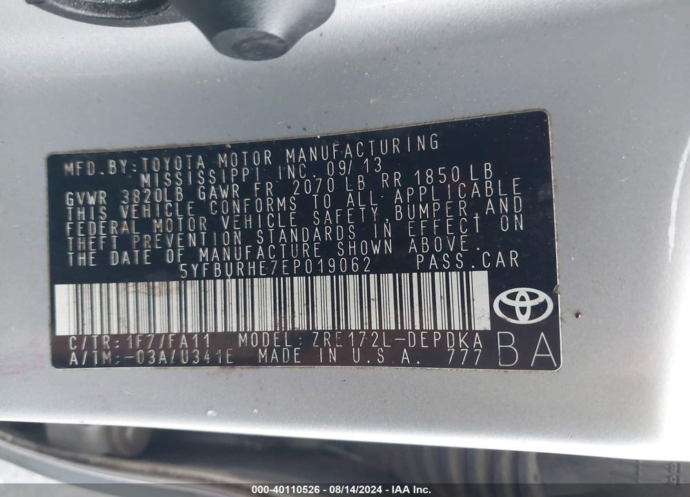 2014 TOYOTA COROLLA VIN: 5YFBURHE7EP019062