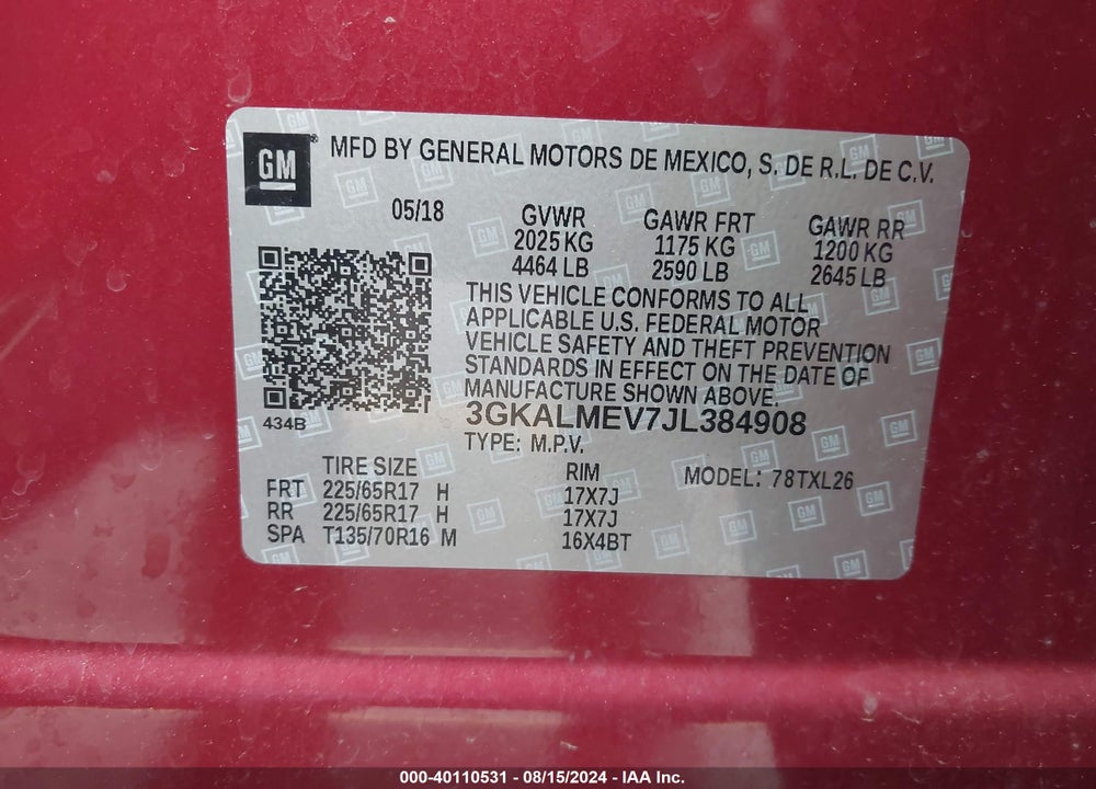 2018 GMC TERRAIN SLE VIN: 3GKALMEV7JL384908