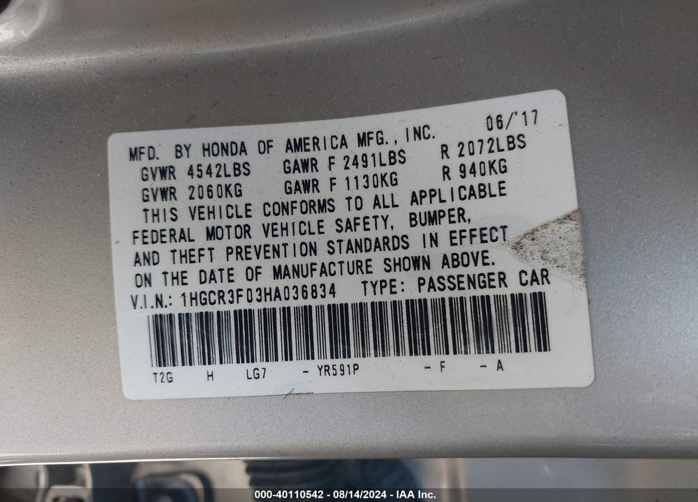 2017 HONDA ACCORD EX-L V6 VIN: 1HGCR3F03HA036834