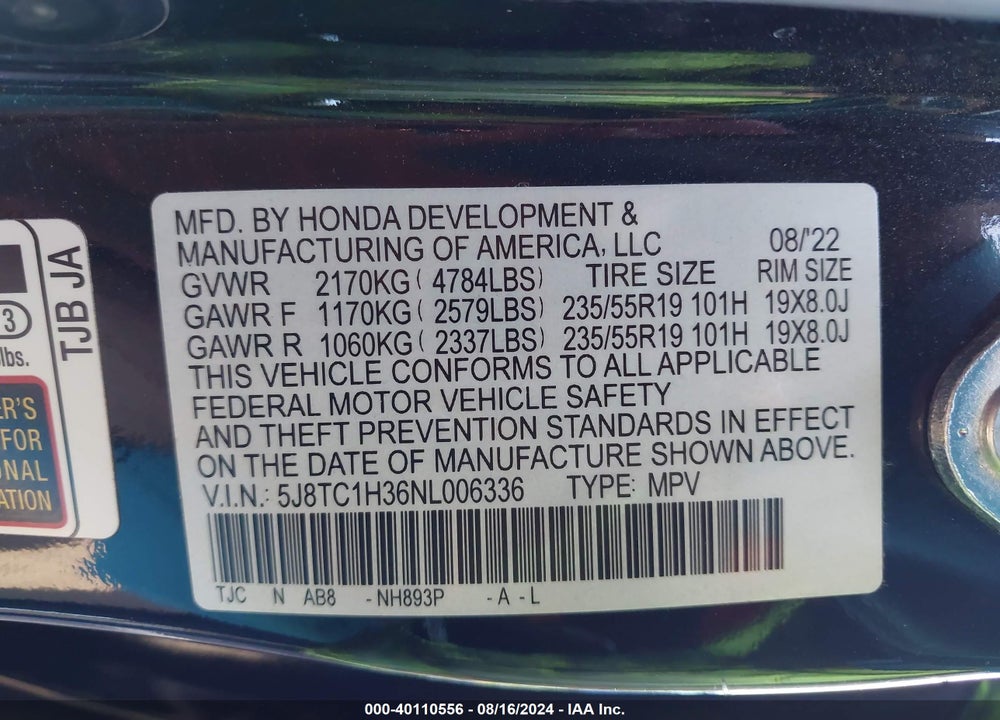 2022 ACURA RDX STANDARD VIN: 5J8TC1H36NL006336