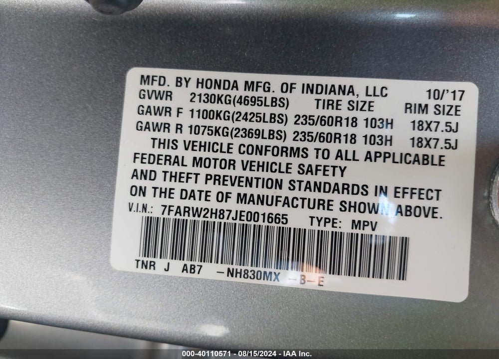 2018 HONDA CR-V EX-L/EX-L NAVI VIN: 7FARW2H87JE001665