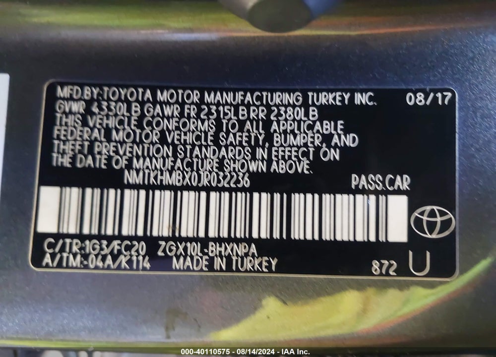 2018 TOYOTA C-HR XLE PREMIUM VIN: NMTKHMBX0JR032236
