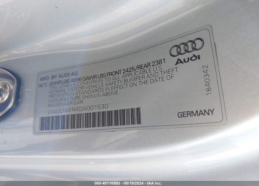 2013 AUDI A5 2.0T PREMIUM VIN: WAULFAFR4DA001530