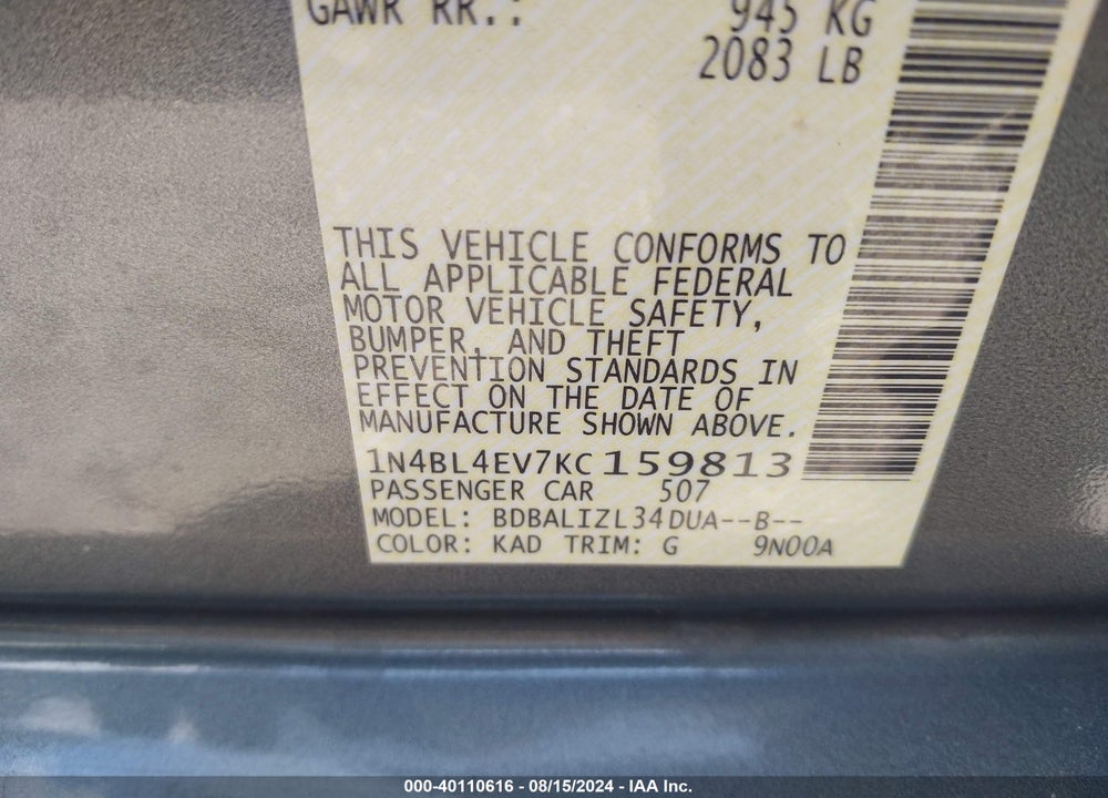 2019 NISSAN ALTIMA 2.5 SL VIN: 1N4BL4EV7KC159813