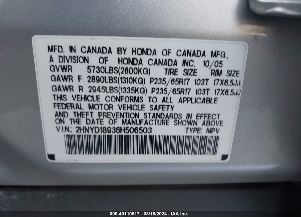 2006 ACURA MDX VIN: 2HNYD18936H506503