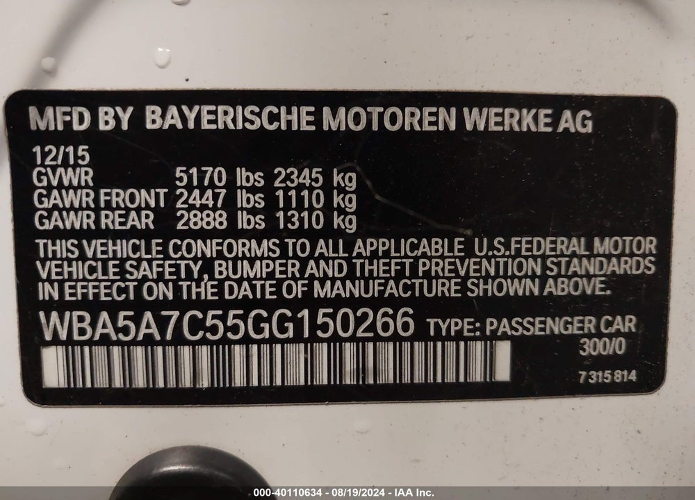 2016 BMW 528I XDRIVE VIN: WBA5A7C55GG150266