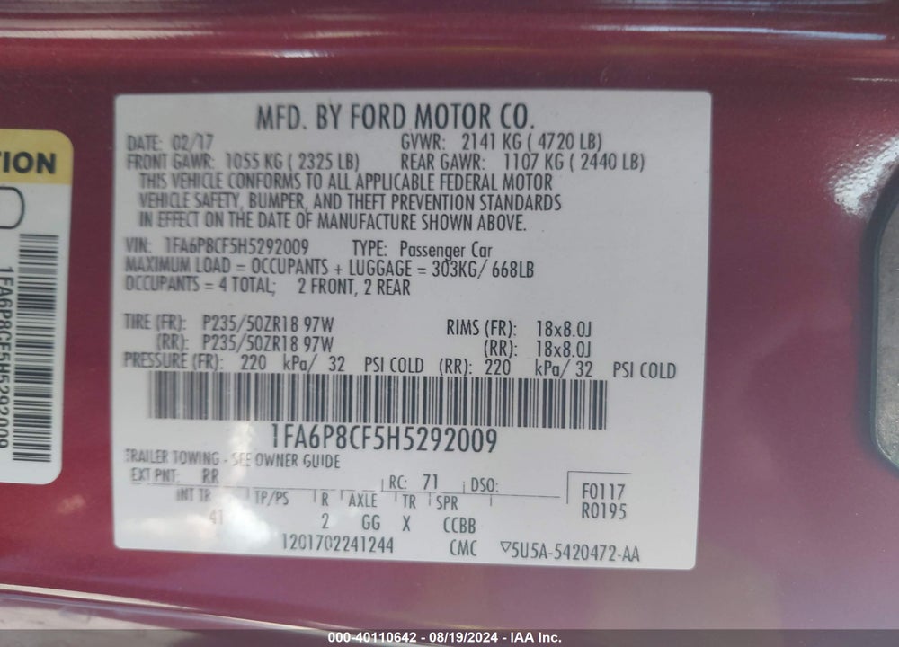 2017 FORD MUSTANG GT PREMIUM VIN: 1FA6P8CF5H5292009