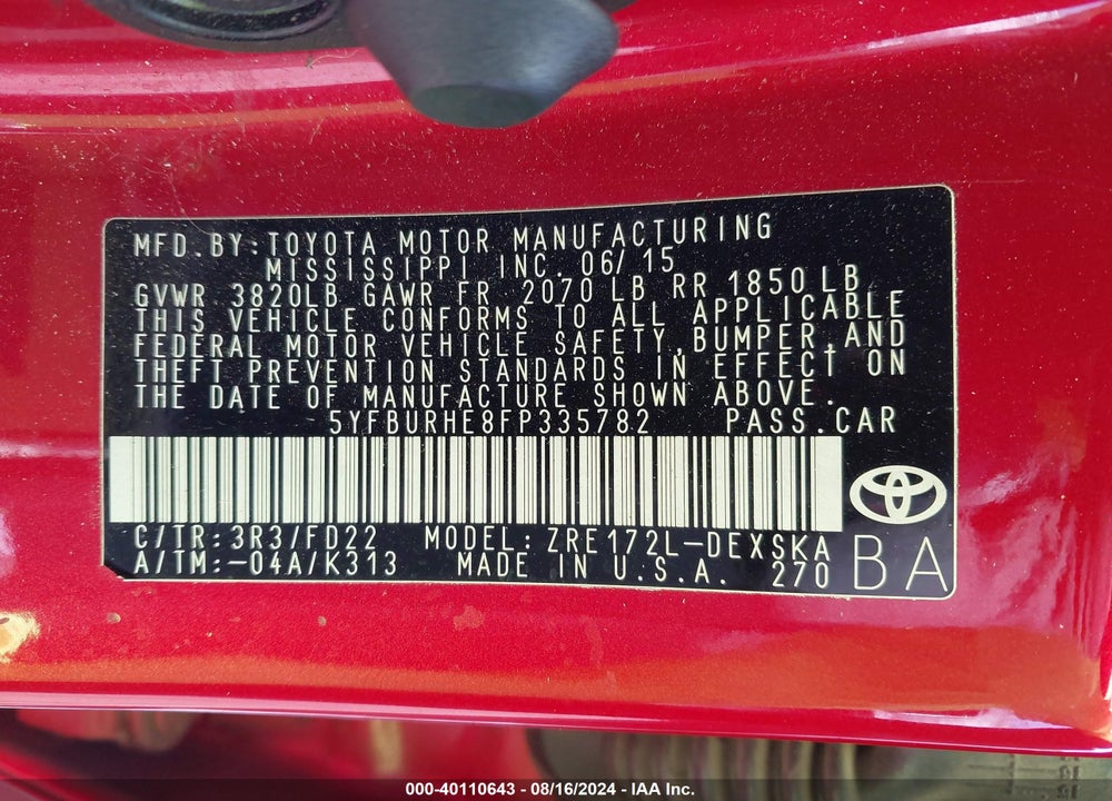 2015 TOYOTA COROLLA S PLUS VIN: 5YFBURHE8FP335782
