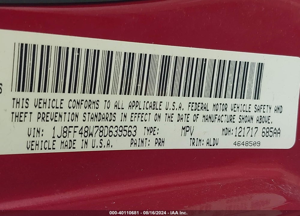 2008 JEEP PATRIOT LIMITED VIN: 1J8FF48W78D639563
