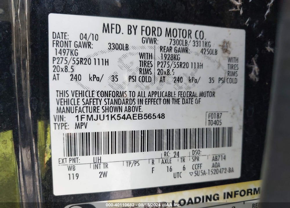 2010 FORD EXPEDITION LIMITED VIN: 1FMJU1K54AEB56548