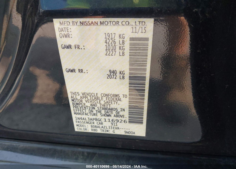 2016 NISSAN ALTIMA VIN: 1N4AL3AP8GC116926