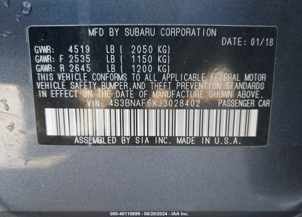 2018 SUBARU LEGACY 2.5I PREMIUM VIN: 4S3BNAF6XJ3028402