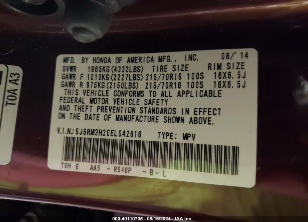 2014 HONDA CR-V LX VIN: 5J6RM3H30EL042616