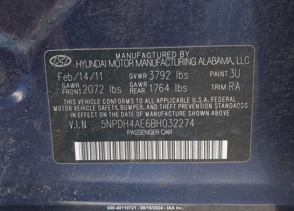 2011 HYUNDAI ELANTRA GLS VIN: 5NPDH4AE6BH032274