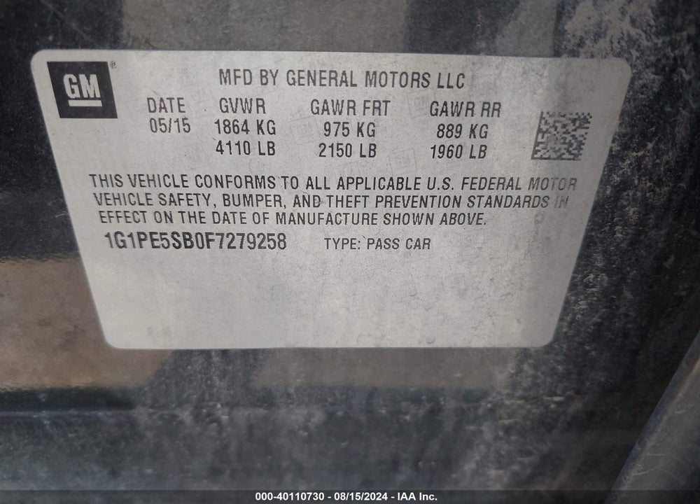 2015 CHEVROLET CRUZE 2LT AUTO VIN: 1G1PE5SB0F7279258