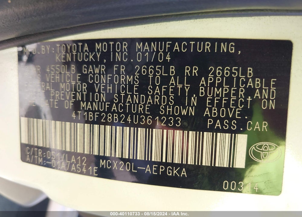 2004 TOYOTA AVALON XLS VIN: 4T1BF28B24U361233