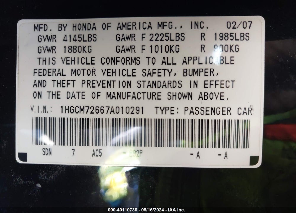 2007 HONDA ACCORD 2.4 EX VIN: 1HGCM72667A010291