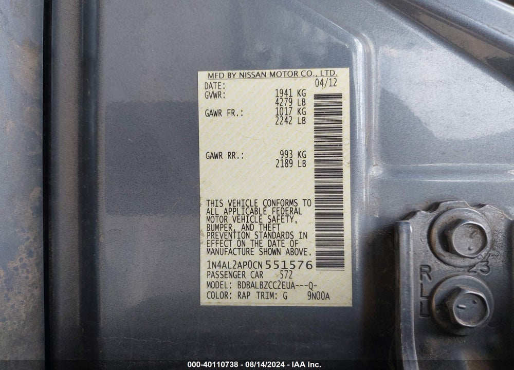 2012 NISSAN ALTIMA 2.5 S VIN: 1N4AL2AP0CN551576