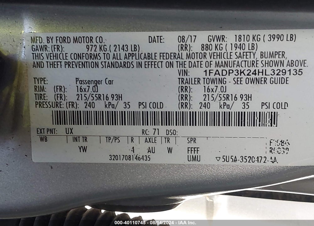 2017 FORD FOCUS SE VIN: 1FADP3K24HL329135