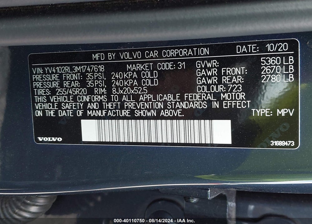 2021 VOLVO XC60 T5 INSCRIPTION VIN: YV4102RL3M1747618