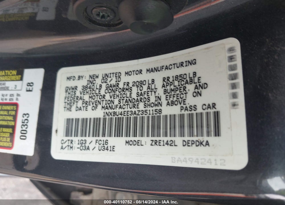 2010 TOYOTA COROLLA LE VIN: 1NXBU4EE3AZ351158