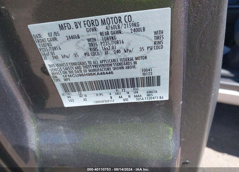 2006 FORD ESCAPE HYBRID VIN: 1FMCU96H96KA48446