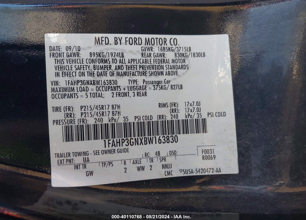 2011 FORD FOCUS SES VIN: 1FAHP3GNXBW163830