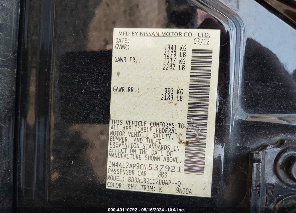 2012 NISSAN ALTIMA 2.5 S VIN: 1N4AL2AP9CN537921
