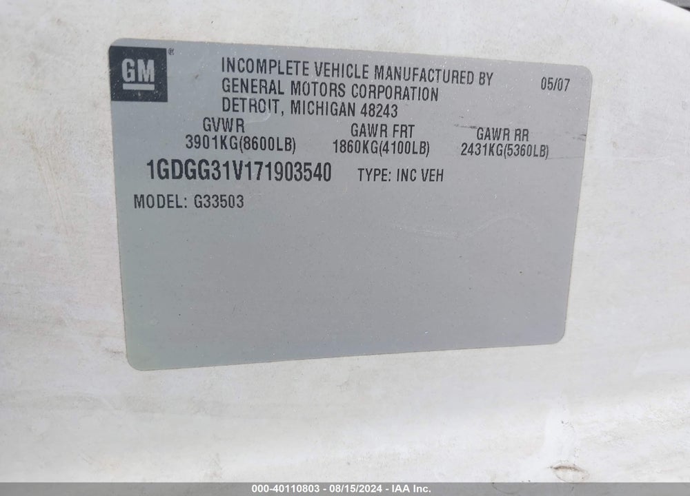 2012 GMC SAVANA CUTAWAY WORK VAN VIN: 1GDY72CA6C1907621