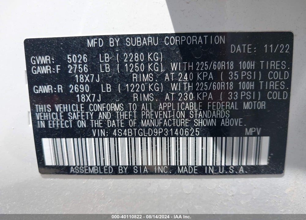 2023 SUBARU OUTBACK ONYX EDITION XT VIN: 4S4BTGLD9P3140625