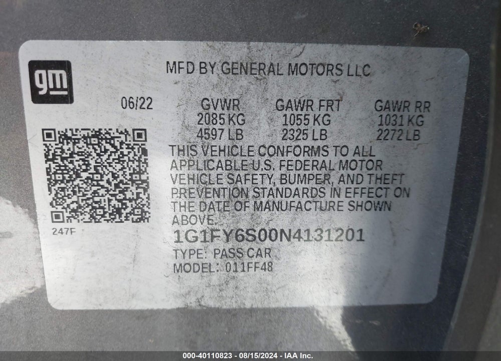 2022 CHEVROLET BOLT EUV FWD LT VIN: 1G1FY6S00N4131201