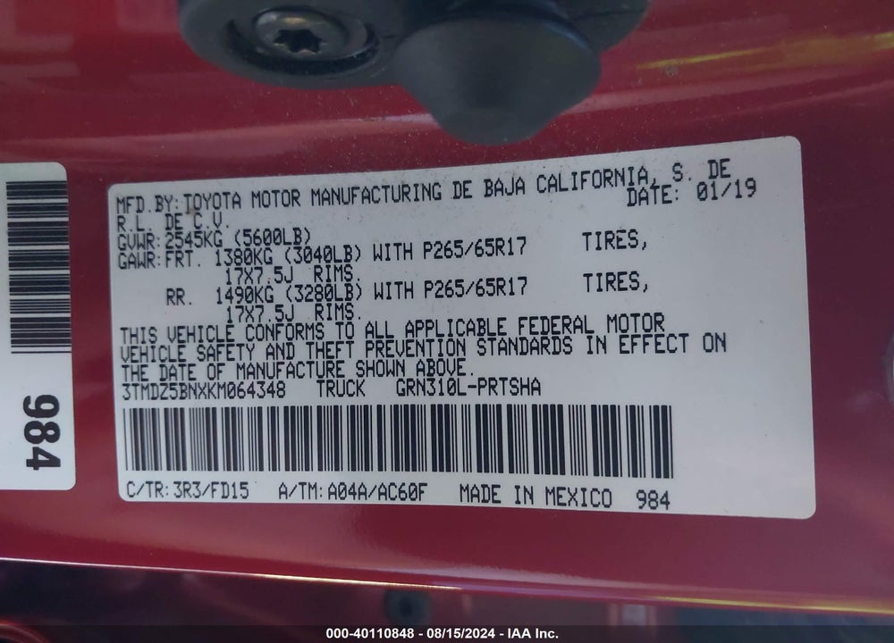 2019 TOYOTA TACOMA TRD SPORT VIN: 3TMDZ5BNXKM064348