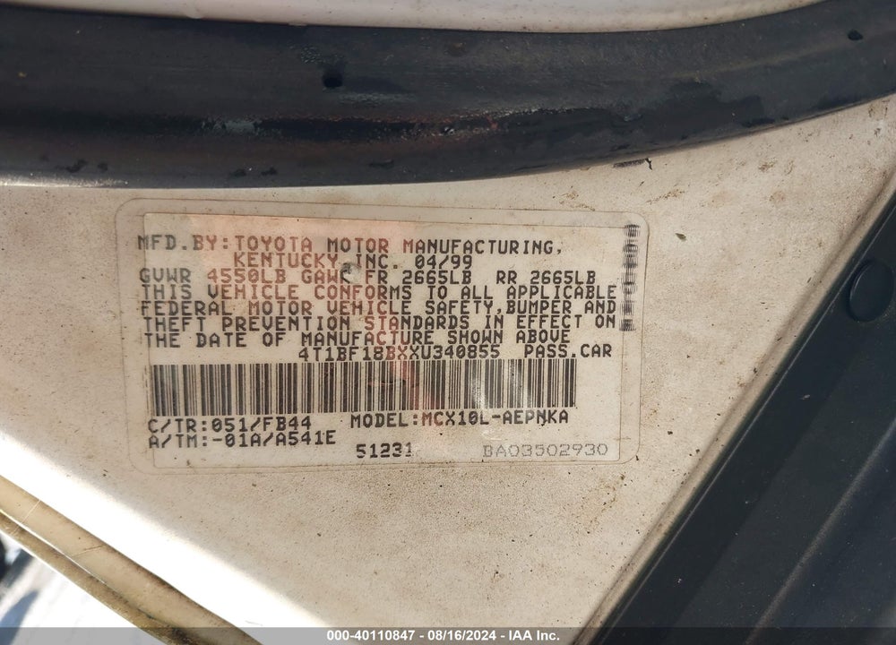 1999 TOYOTA AVALON XL VIN: 4T1BF18BXXU340855