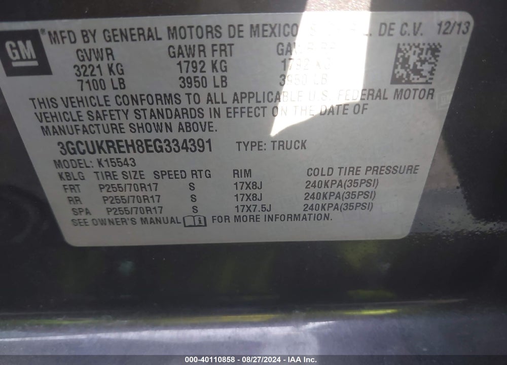 2014 CHEVROLET SILVERADO 1500 1LT VIN: 3GCUKREH8EG334391