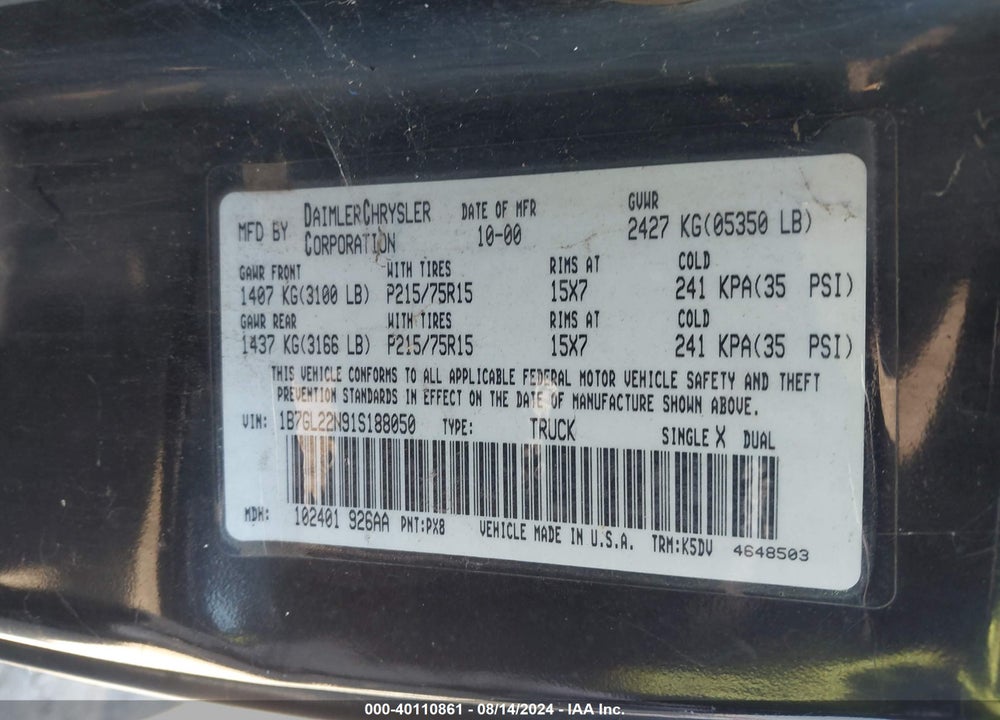 2001 DODGE DAKOTA SLT/SPORT VIN: 1B7GL22N91S188050
