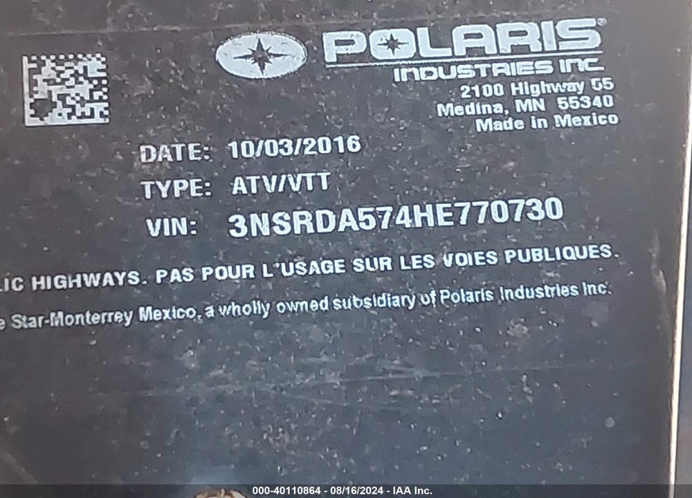2017 POLARIS RANGER CREW 570-6 VIN: 3NSRDA574HE770730